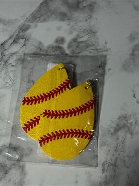 Yellow Softball Teardrop Earrings - Red Stitch Detail